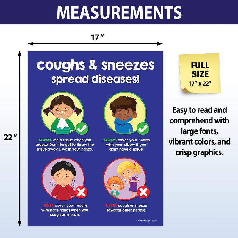 ZOCO â€“ Cover Your Cough Poster â€“ Laminated 17x22 Hygiene Sign for Kids â€“ School Nurse Office Decorations & Health Posters for Classrooms, Preschool, Daycare & Elementary Schools - Image 4
